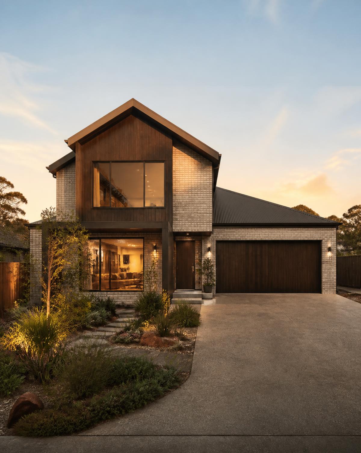 Modern Melbourne family home at dusk with brick and timber cladding, pitched roof and landscaped native garden